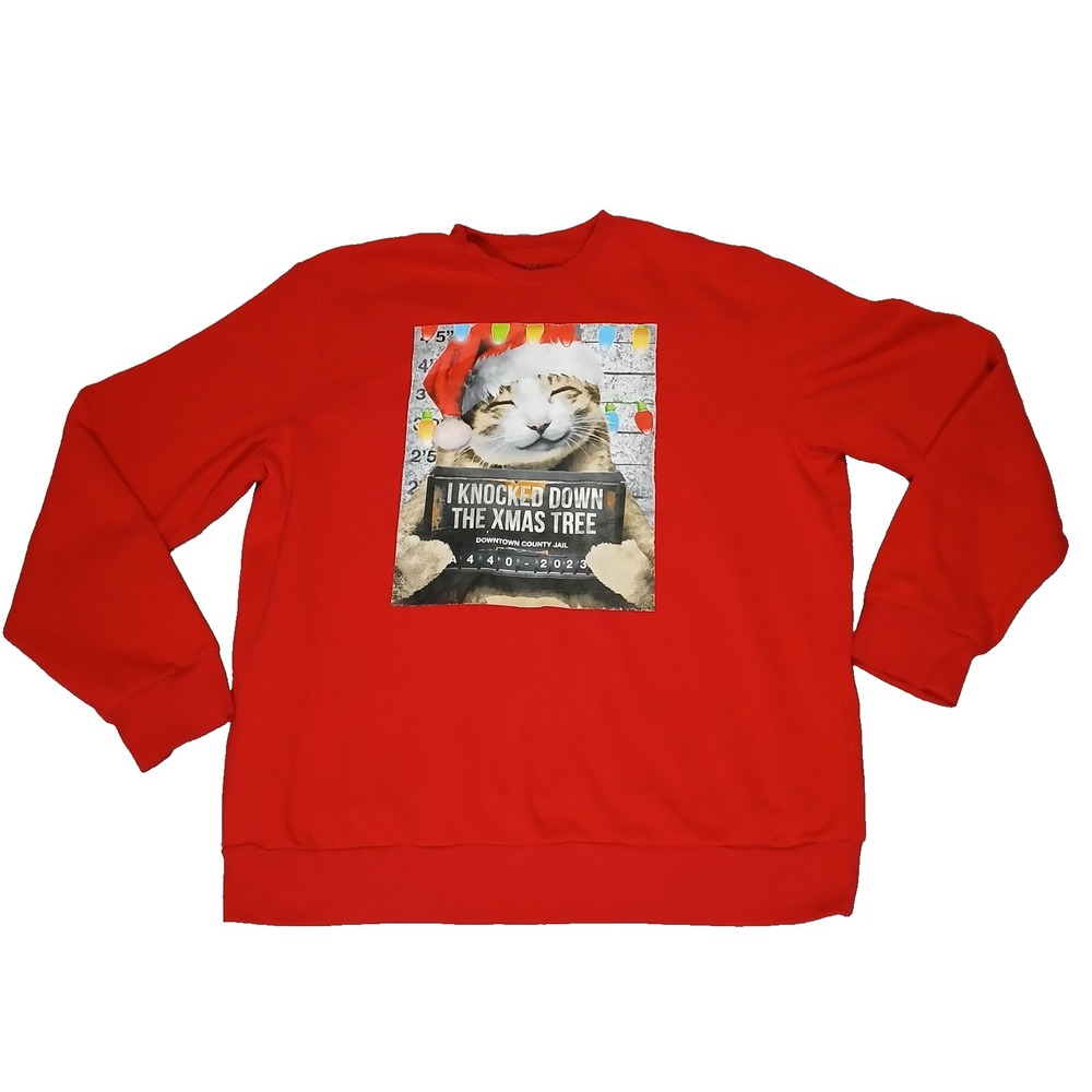 Hybrid Men's Adult XL Ugly Christmas Sweater Cat Design Red Holiday Pullover‎
